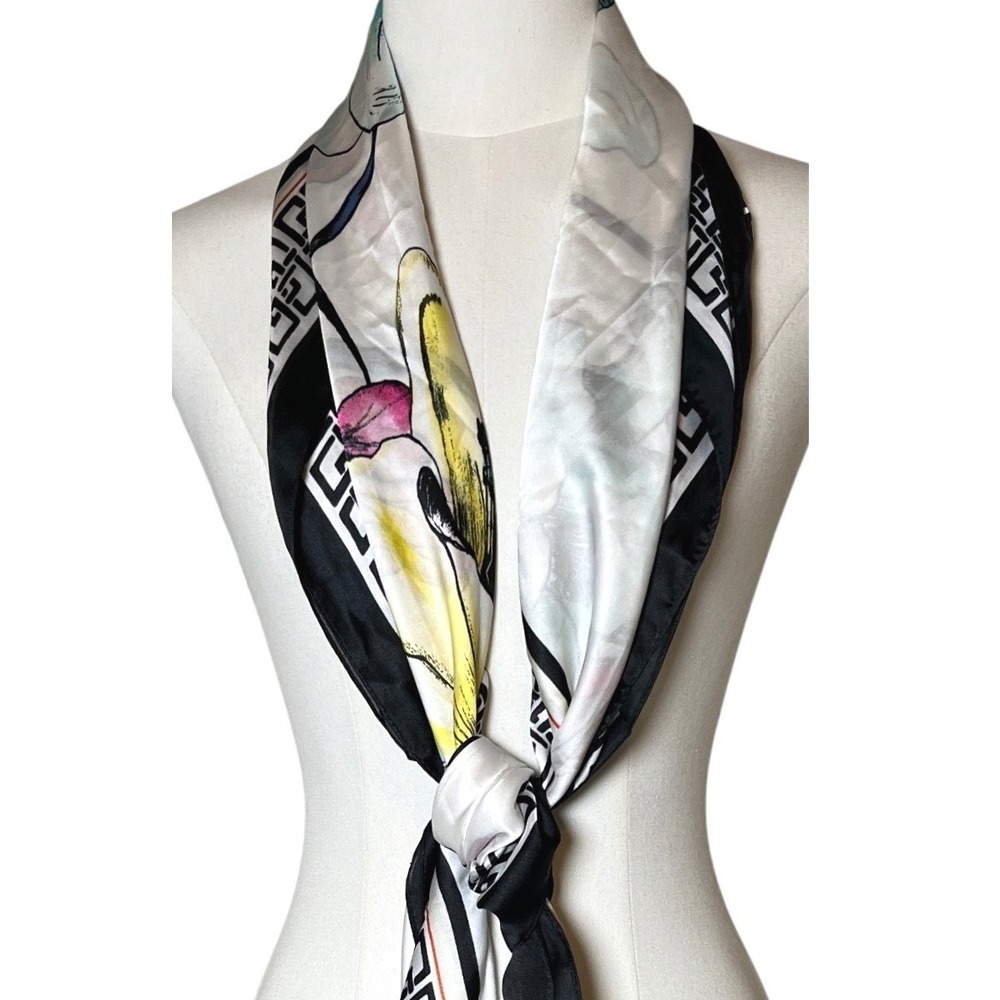 Chico's Floral Square Scarf Cream Blue Greek Key Border Satin 40 inch